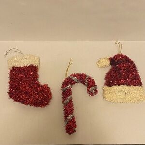 Set of 3 Tinsel Ornaments Candy Cane Santa Hat Stocking – Christmas Tree Decor